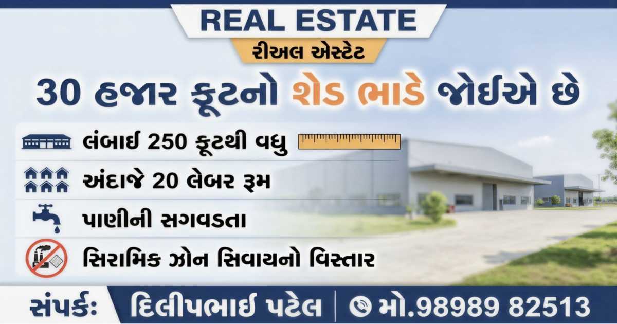 REAL ESTATE : 30 હજાર ફૂટનો શેડ ભાડે જોઈએ છે